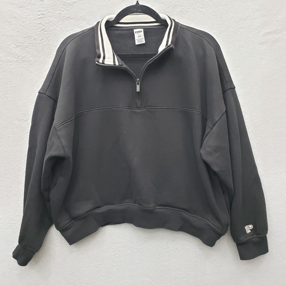 PINK Victoria's Secret 1/2 Zip Varsity Sweatshirt Black Comfy Loungewear Basic L